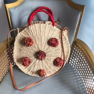 NWOT J. Crew colorful round straw pom pom crossbody circle tote hobo boho bag